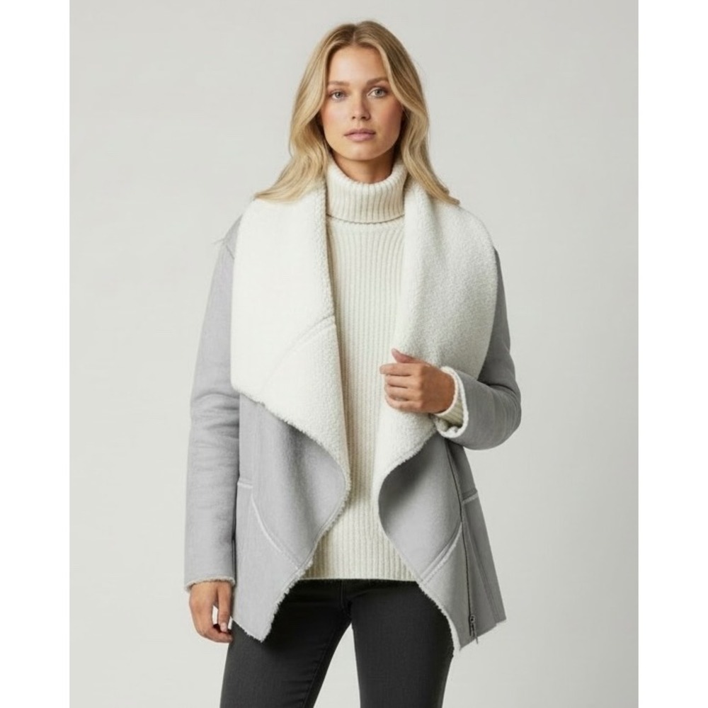 White Closet WNTR Grey Faux Suede Fur Lined Waterfall Jacket Size Large Coat